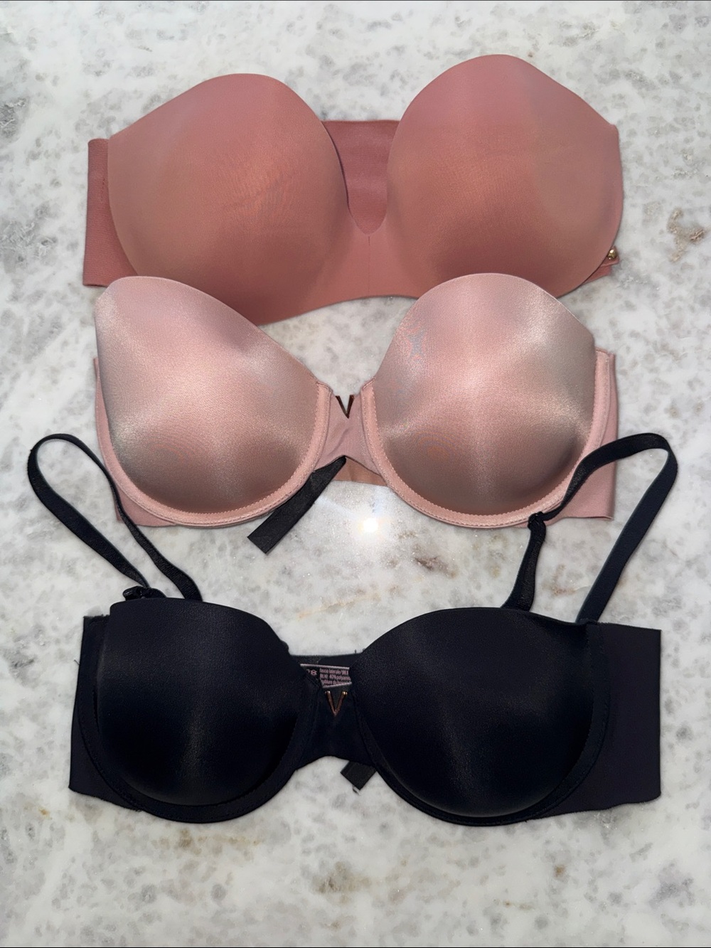 Victoria's Secret bras 36B black pink nude strapless multi-way convertible